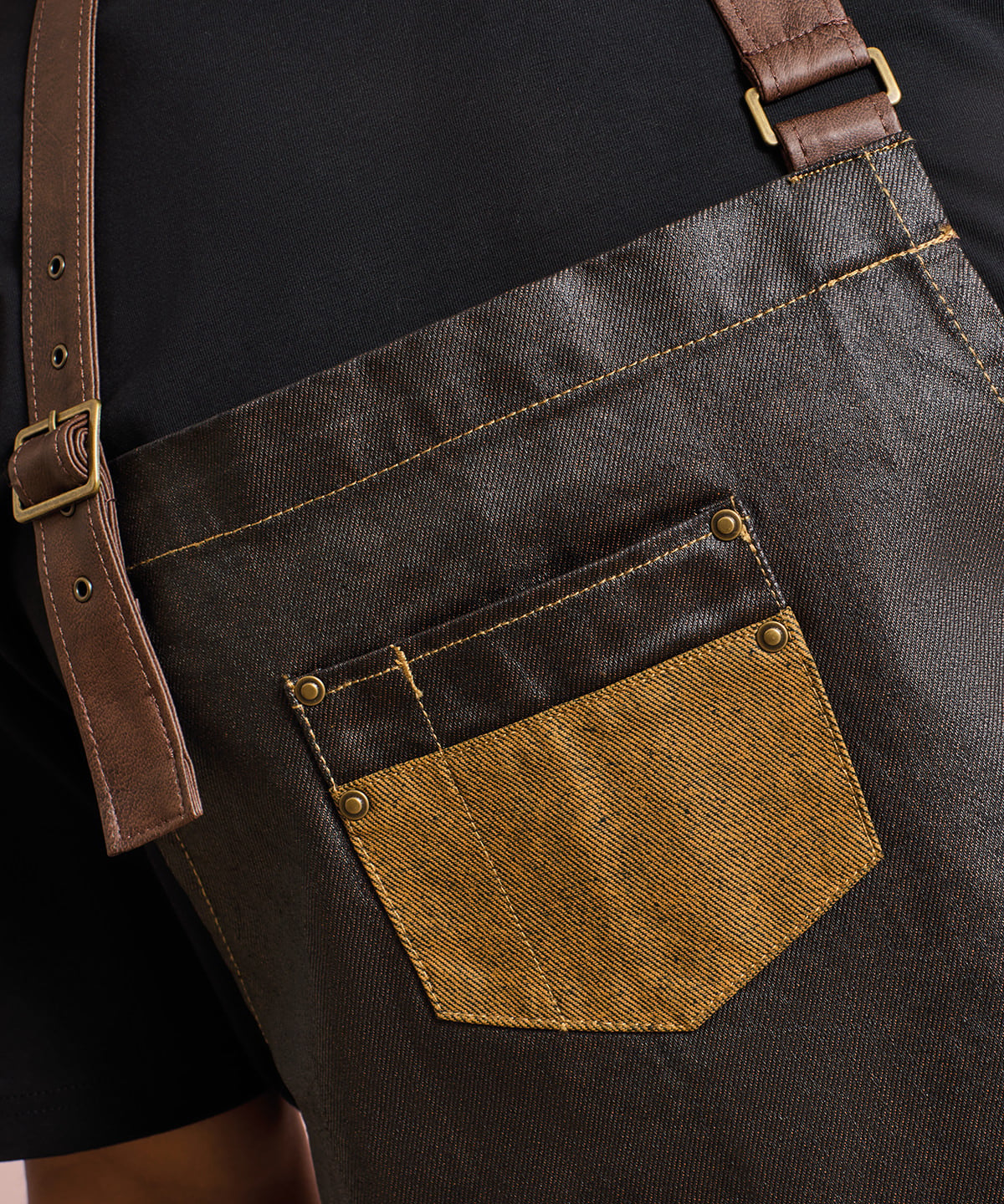 PR136 Division waxed-look denim bib apron with faux leather