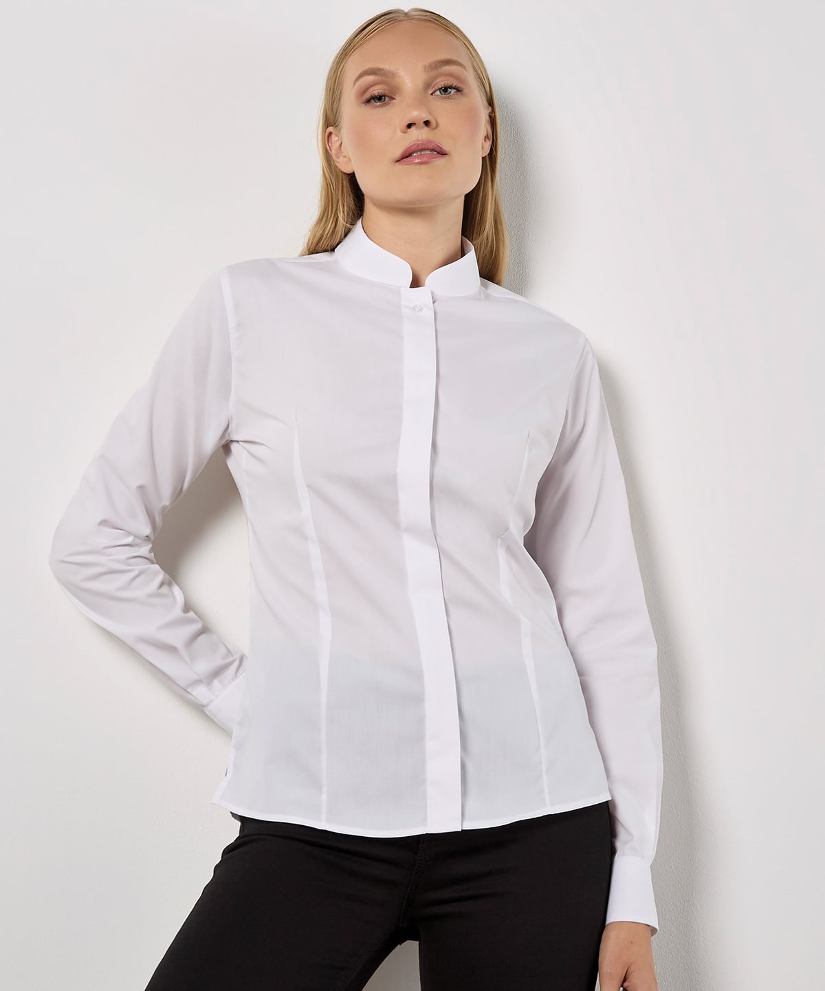 KK261 Women's mandarin collar shirt long-sleeved (tailored fit)